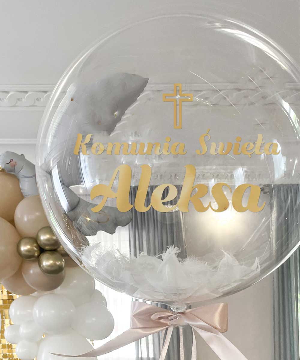 Balon z personalizacją na komunię - kula z piórkami