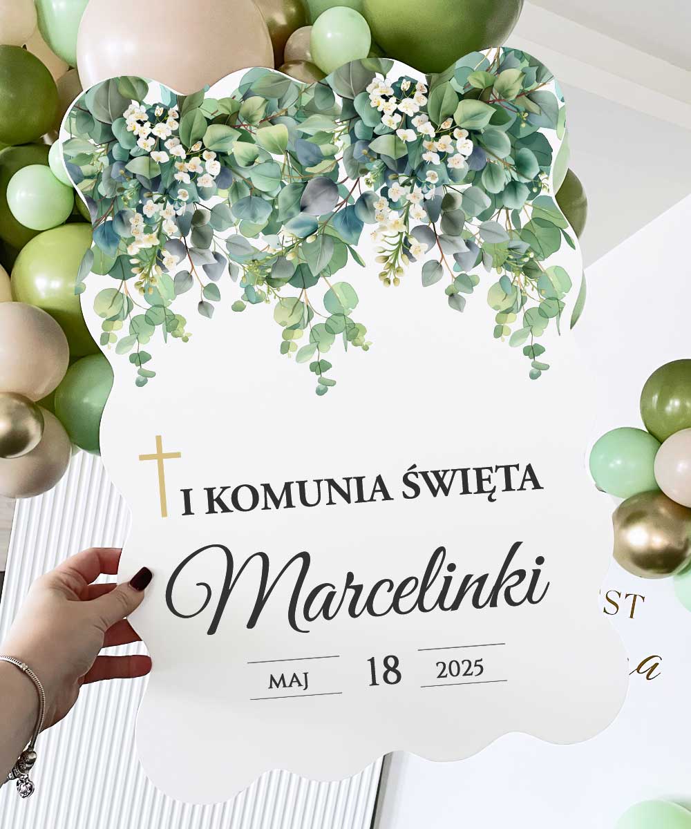 Dekoracja na komunie tabliczka dekoracyjna z imieniem dziecka Eukaliptus