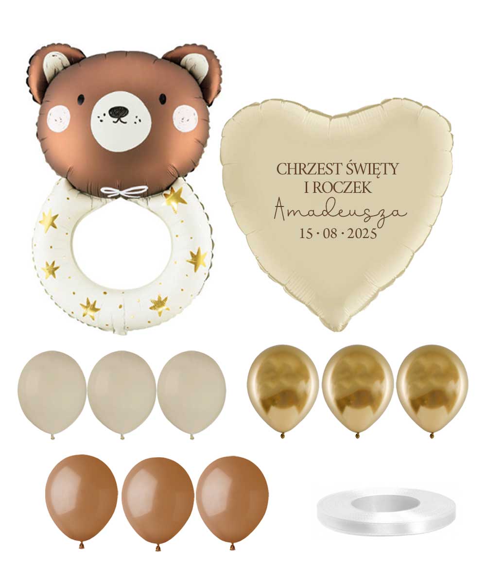 Zestaw do dekoracji na chrzest i roczek - Balony z misiem