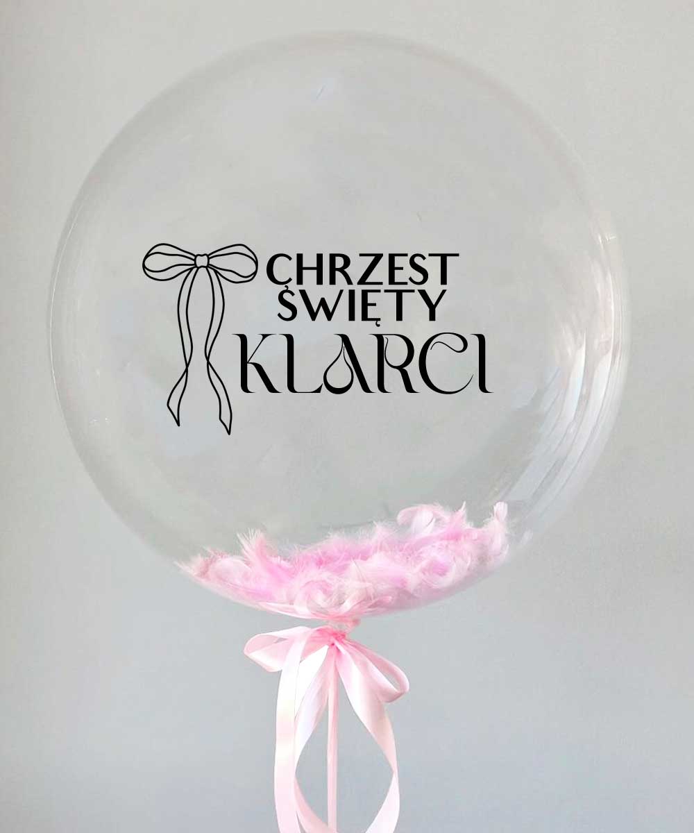 Balon z imieniem kula z piórkami -dekoracja na chrzest dziewczynki