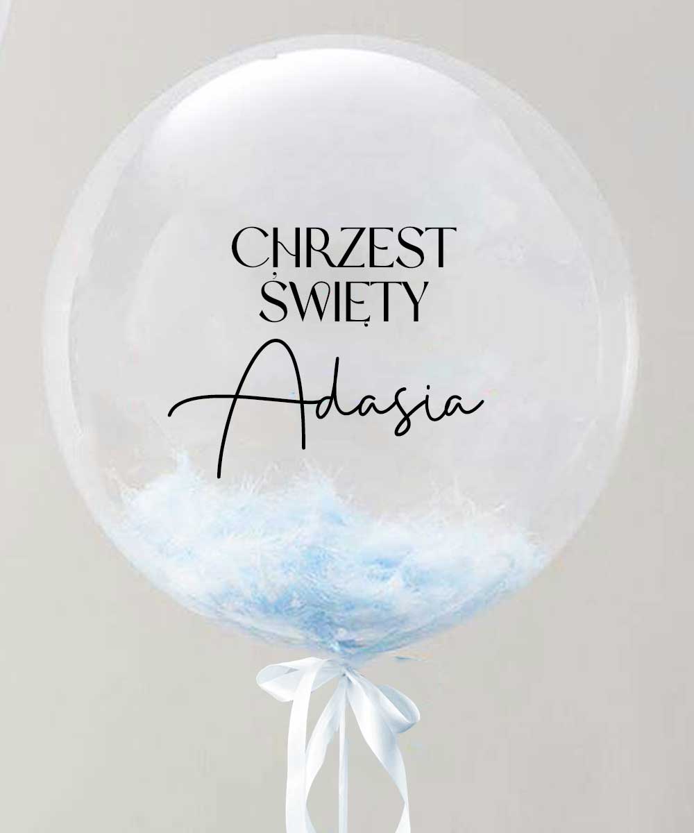 Balon z imieniem dziecka na chrzest - kula z piórkami